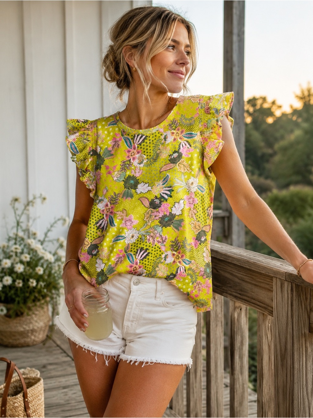 LOFT Floral Flutter Sleeve Top Medium Yellow Pink Cottagecore Blouse